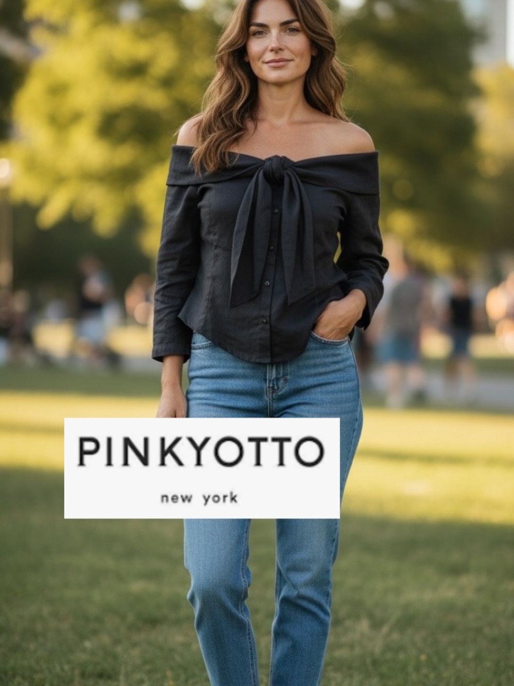 PINKYOTTO black linen off shoulder blouse, S, GD1283